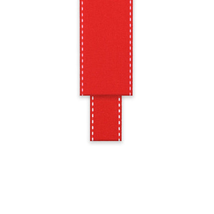 Red saddlestitch grosgrain ribbon, suitable for versatile use in elegant crafting, event styling.