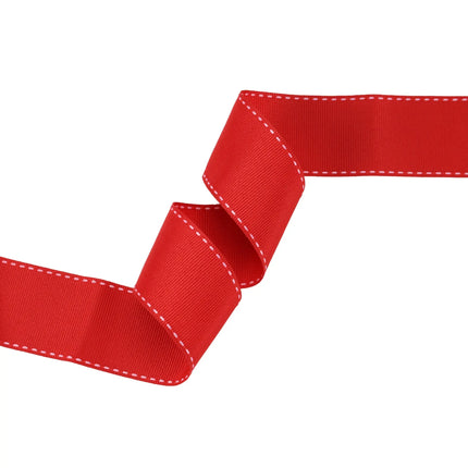 Red saddlestitch grosgrain ribbon (white dashed edges), ideal for Christmas decor, hair accessories.