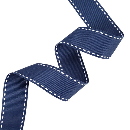 Navy Saddlestitch Grosgrain Ribbon: Features clean white stitched edges — ideal for sophisticated gift wrapping