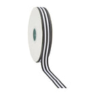 Classic black-and-white striped ribbon spool, ideal for adding sleek accents to gift wrapping.