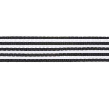 Close-up of black & white stripe grosgrain ribbon, showing fine ribbed texture