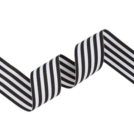 Curled black & white stripe grosgrain ribbon, showcasing smooth ribbed texture