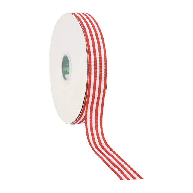 Bold red and white striped ribbon roll — ideal for adding a festive touch to wrapping, floral arrangements, and seasonal crafts.