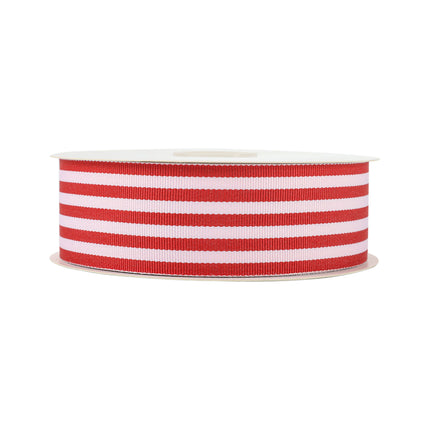 Full roll of red-and-white striped grosgrain ribbon on white spool