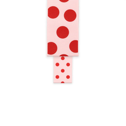 1.5" Pink Grosgrain Ribbon with red polka dots, perfect for creating cheerful bows, party decorations