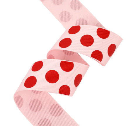 1 1/2" Textured Grosgrain Ribbon with red polka dot prints on pink, great for adding a fun touch to gift baskets