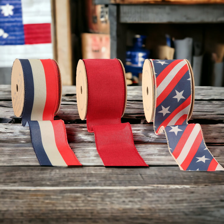 2.5" Natural Linen/Stripe & Stars Patriotic Wired Ribbon Bundle - 3 Rolls/30 Yards Total