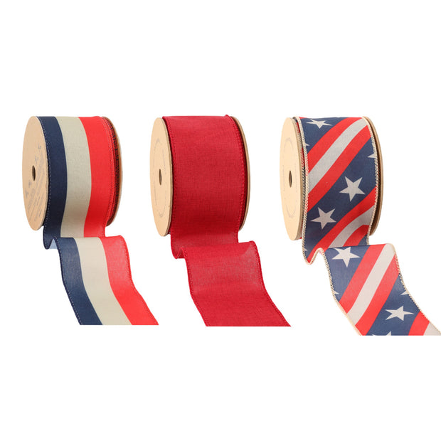 2.5" Natural Linen/Stripe & Stars Patriotic Wired Ribbon Bundle - 3 Rolls/30 Yards Total