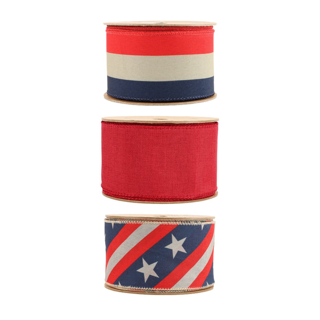 2.5" Natural Linen/Stripe & Stars Patriotic Wired Ribbon Bundle - 3 Rolls/30 Yards Total LaRibbons and Crafts