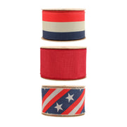2.5" Natural Linen/Stripe & Stars Patriotic Wired Ribbon Bundle - 3 Rolls/30 Yards Total