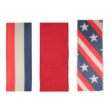 2.5" Natural Linen/Stripe & Stars Patriotic Wired Ribbon Bundle - 3 Rolls/30 Yards Total LaRibbons and Crafts