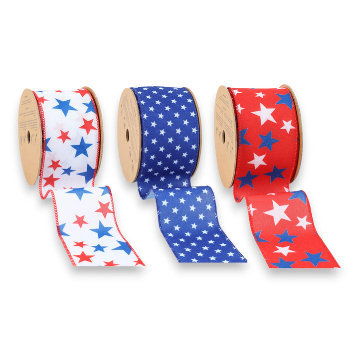 2.5" Patriotic Stars Wired Ribbon Bundle - 3 Rolls/30 Yards Total