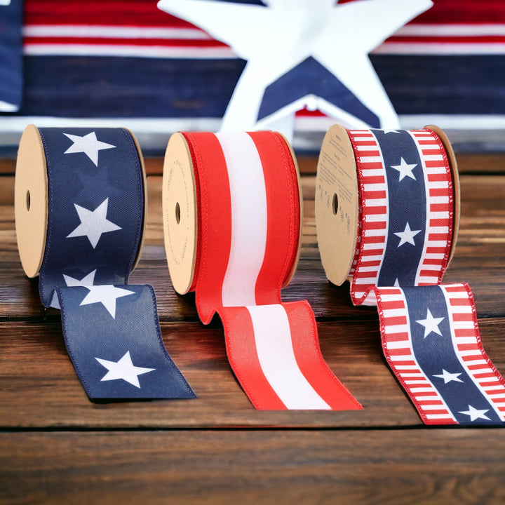 2.5" Stars & Stripes Wired Ribbon Bundle - 3 Rolls/30 Yards Total