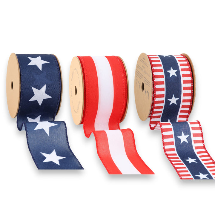 2.5" Stars & Stripes Wired Ribbon Bundle - 3 Rolls/30 Yards Total