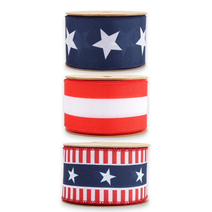 2.5" Stars & Stripes Wired Ribbon Bundle - 3 Rolls/30 Yards Total