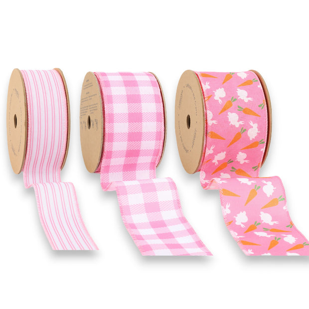 1.5" - 2.5" Easter Pink Bunny/Ginghan/Stripe Wired Ribbon Bundle - 3 Rolls/30 Yards Total