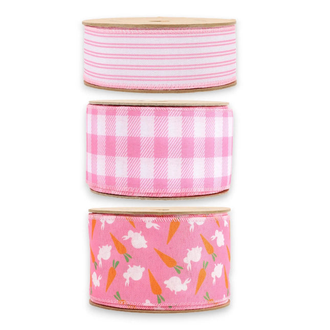 1.5" - 2.5" Easter Pink Bunny/Ginghan/Stripe Wired Ribbon Bundle - 3 Rolls/30 Yards Total