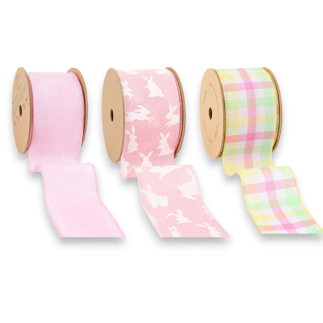 2.5" Pink Bunny/Linen/Plaid Wired Ribbon Bundle - 3 Rolls/30 Yards Total