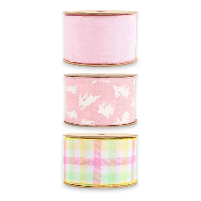 2.5" Pink Bunny/Linen/Plaid Wired Ribbon Bundle - 3 Rolls/30 Yards Total
