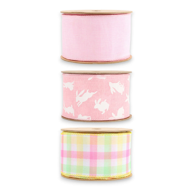2.5" Pink Bunny/Linen/Plaid Wired Ribbon Bundle - 3 Rolls/30 Yards Total