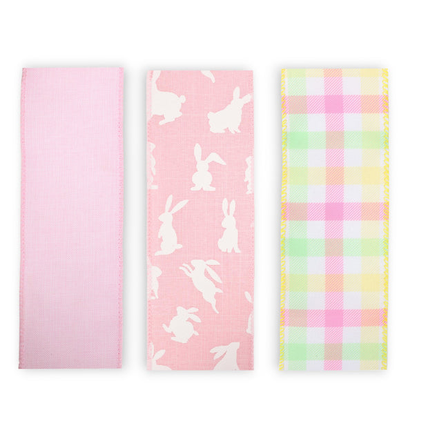 2.5" Pink Bunny/Linen/Plaid Wired Ribbon Bundle - 3 Rolls/30 Yards Total