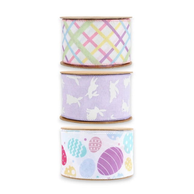 2.5" Lilac Bunny/Bias Plaid/Easter Egg Wired Ribbon Bundle - 3 Rolls/ 30 Yards Total