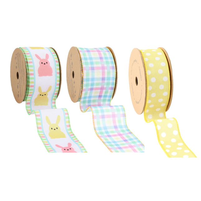 2.5" Pastel Easter Bunny/Plaid/Polka Dot Wired Ribbon Bundle - 3 Rolls/30 Yards Total LaRibbons and Crafts