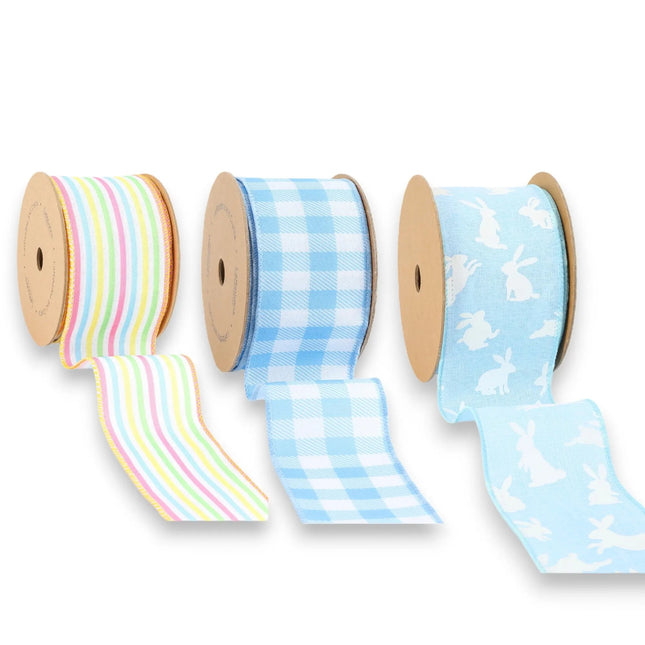 2.5" Blue Easter Bunny/Gingham/Stripe Wired Ribbon Bundle - 3 Rolls/30 Yards Total