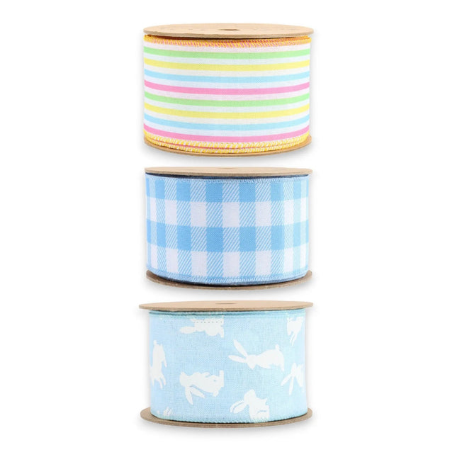 2.5" Blue Easter Bunny/Gingham/Stripe Wired Ribbon Bundle - 3 Rolls/30 Yards Total