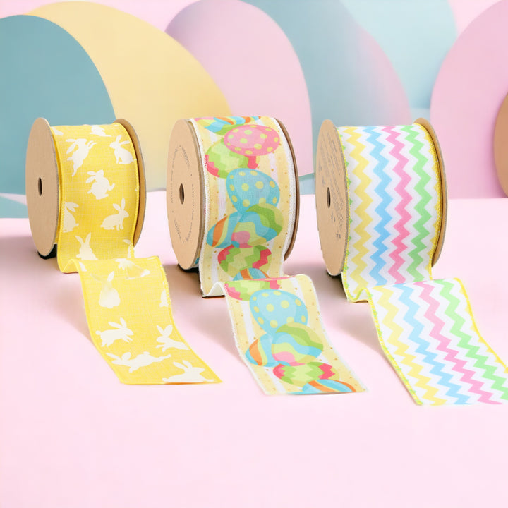 1.5" - 2.5" Polka Dot/Egg/Chevron Wired Ribbon Bundle - 3 Rolls/ 30 Yards Total