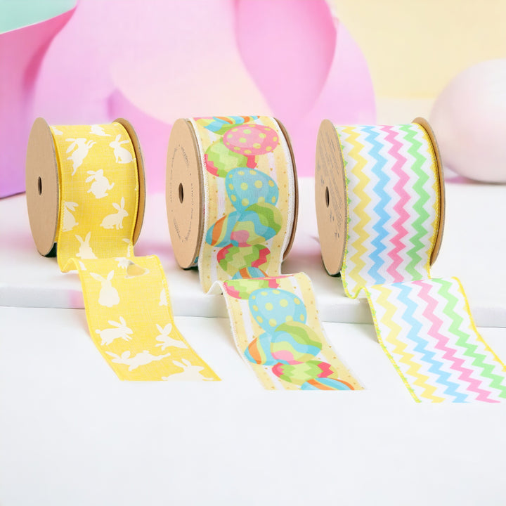 1.5" - 2.5" Polka Dot/Egg/Chevron Wired Ribbon Bundle - 3 Rolls/ 30 Yards Total