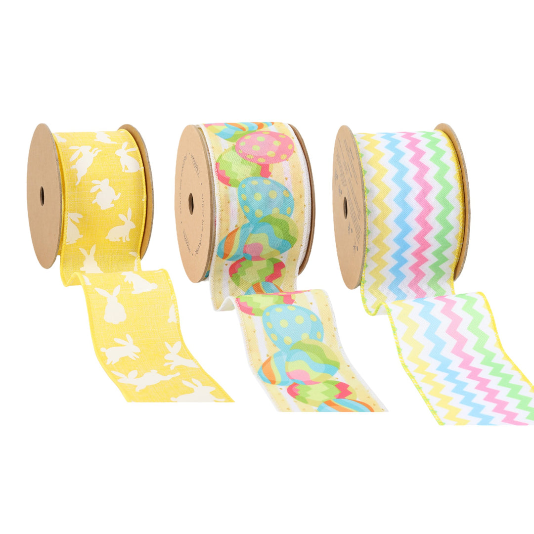 1.5" - 2.5" Polka Dot/Egg/Chevron Wired Ribbon Bundle - 3 Rolls/ 30 Yards Total