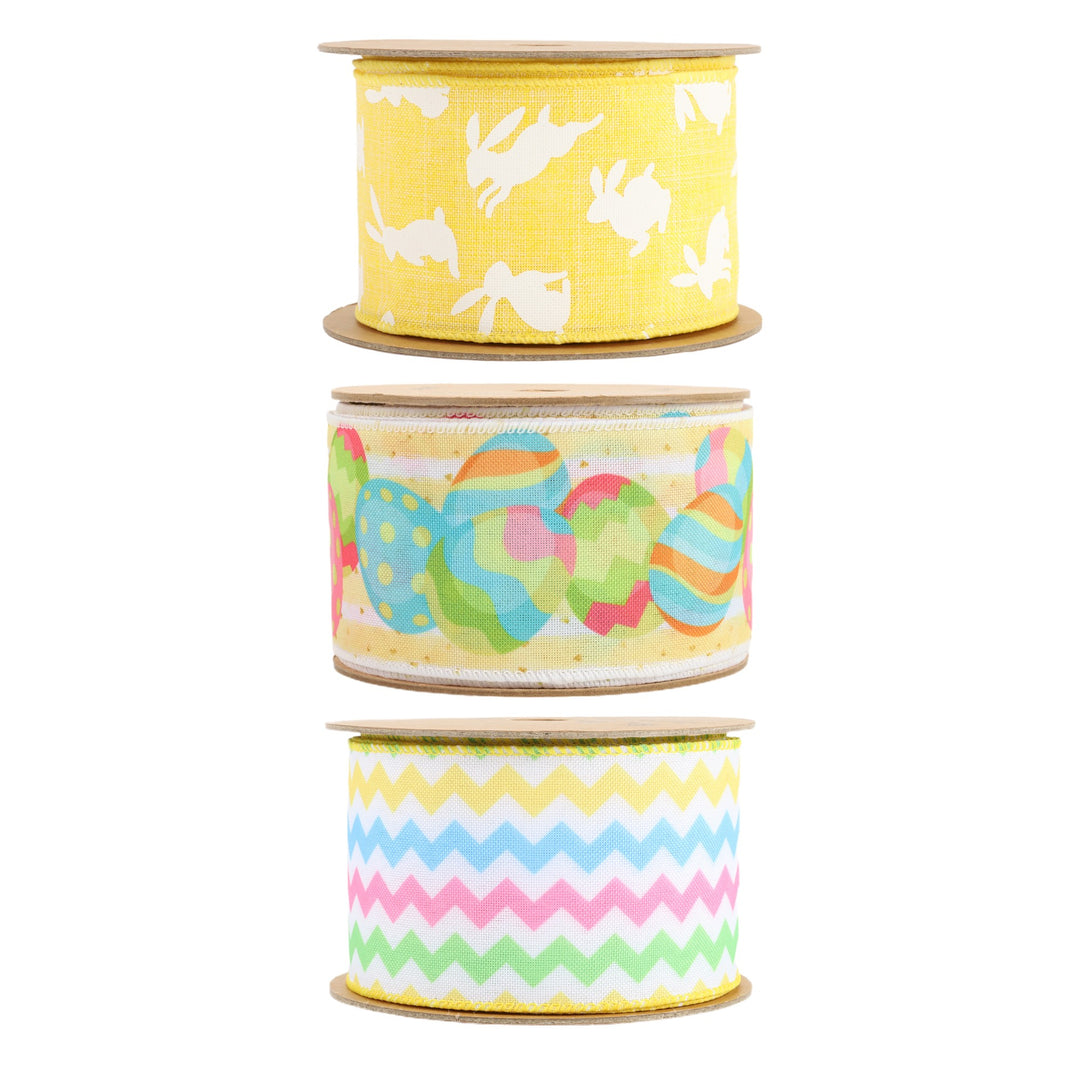 1.5" - 2.5" Polka Dot/Egg/Chevron Wired Ribbon Bundle - 3 Rolls/ 30 Yards Total