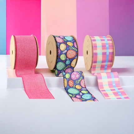 2.5" Pink Plaid & Easter Egg Wired Ribbon Bundle - 3 Rolls/30 Yards Total LaRibbons and Crafts
