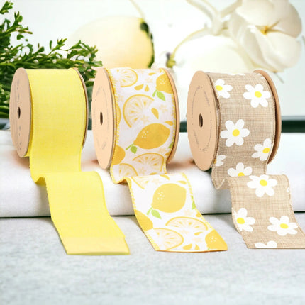 2.5" Yellow Linen/Lemons & Daisy Wired Ribbon Bundle - 3 Rolls/30 Yards Total