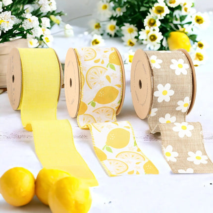 2.5" Yellow Linen/Lemons & Daisy Wired Ribbon Bundle - 3 Rolls/30 Yards Total