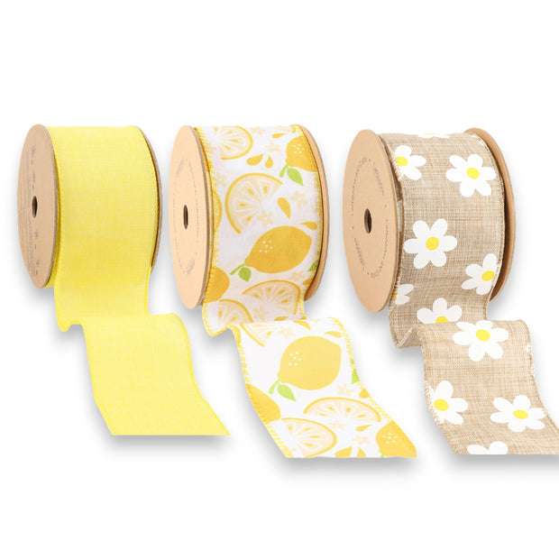 2.5" Yellow Linen/Lemons & Daisy Wired Ribbon Bundle - 3 Rolls/30 Yards Total