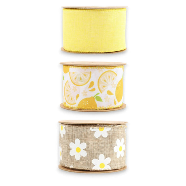 2.5" Yellow Linen/Lemons & Daisy Wired Ribbon Bundle - 3 Rolls/30 Yards Total