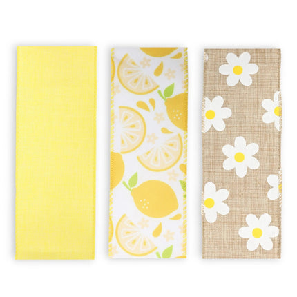 2.5" Yellow Linen/Lemons & Daisy Wired Ribbon Bundle - 3 Rolls/30 Yards Total