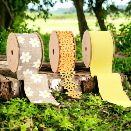 2.5" Yellow Linen/Satin Flower & Daisy Wired Ribbon Bundle - 3 Rolls/30 Yards Total LaRibbons and Crafts