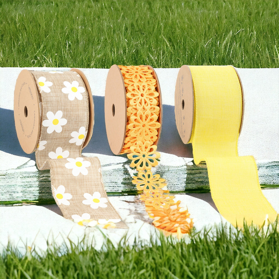 2.5" Yellow Linen/Satin Flower & Daisy Wired Ribbon Bundle - 3 Rolls/30 Yards Total