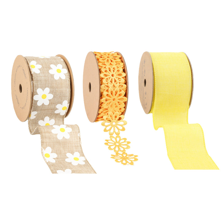 2.5" Yellow Linen/Satin Flower & Daisy Wired Ribbon Bundle - 3 Rolls/30 Yards Total