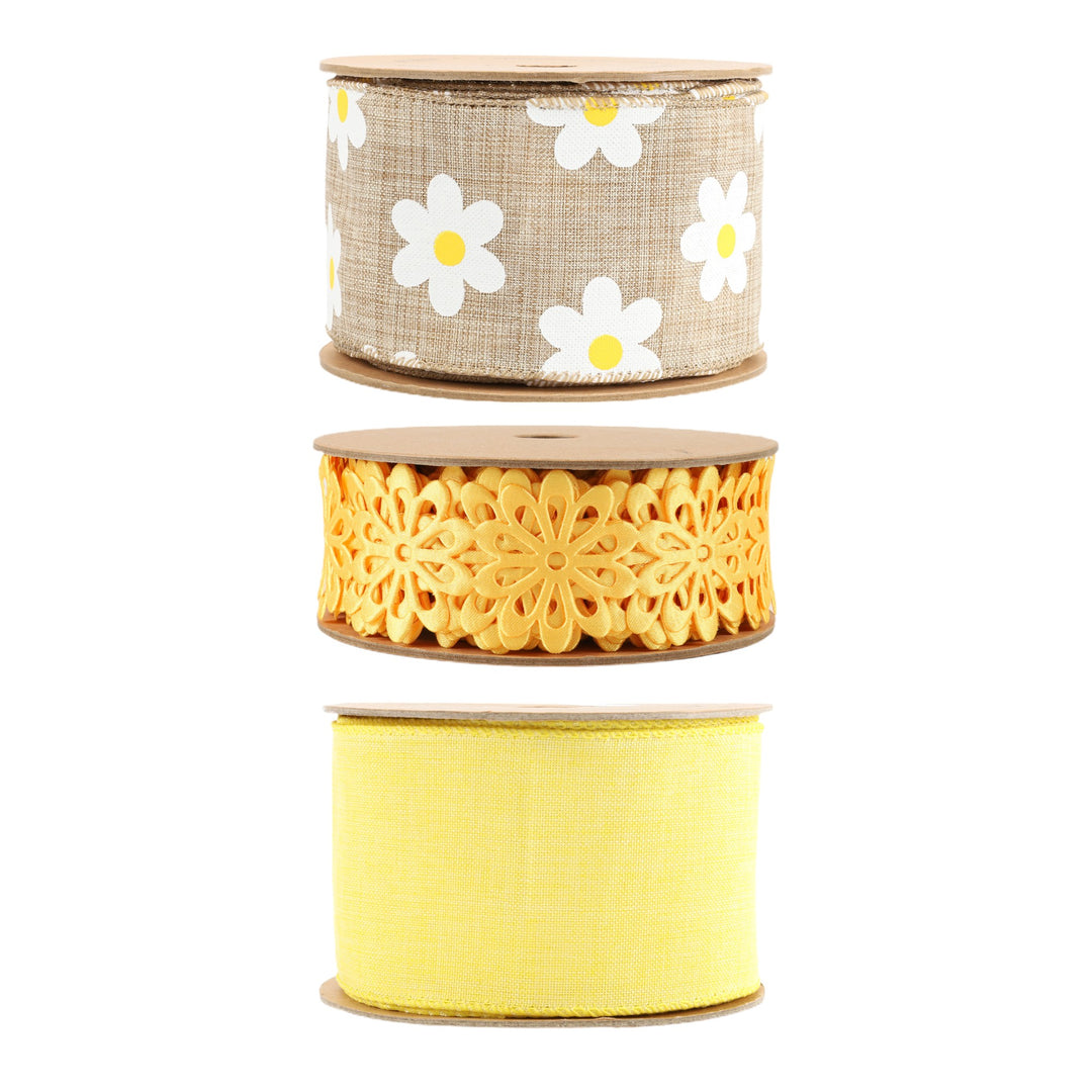 2.5" Yellow Linen/Satin Flower & Daisy Wired Ribbon Bundle - 3 Rolls/30 Yards Total