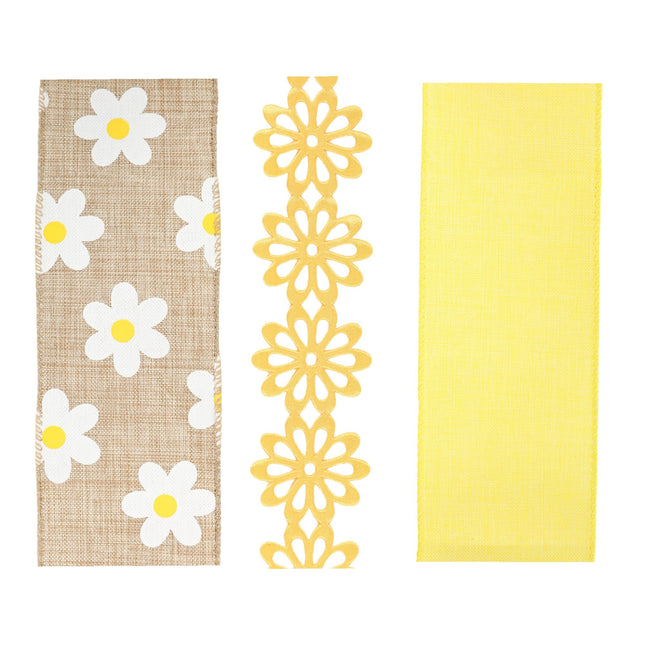 2.5" Yellow Linen/Satin Flower & Daisy Wired Ribbon Bundle - 3 Rolls/30 Yards Total LaRibbons and Crafts
