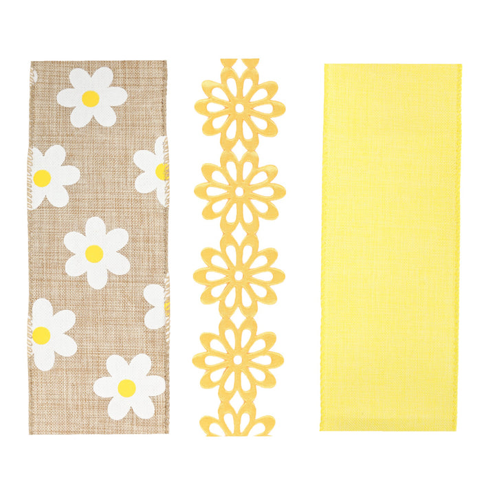 2.5" Yellow Linen/Satin Flower & Daisy Wired Ribbon Bundle - 3 Rolls/30 Yards Total