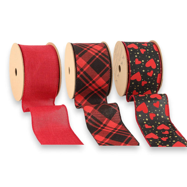 2.5" Hearts & Plaid Wired Ribbon Bundle - 3 Rolls/30 Yards Total