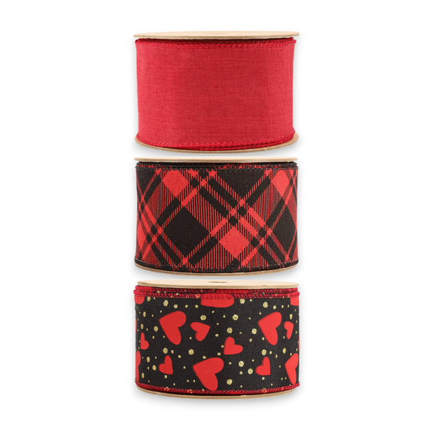 2.5" Hearts & Plaid Wired Ribbon Bundle - 3 Rolls/30 Yards Total
