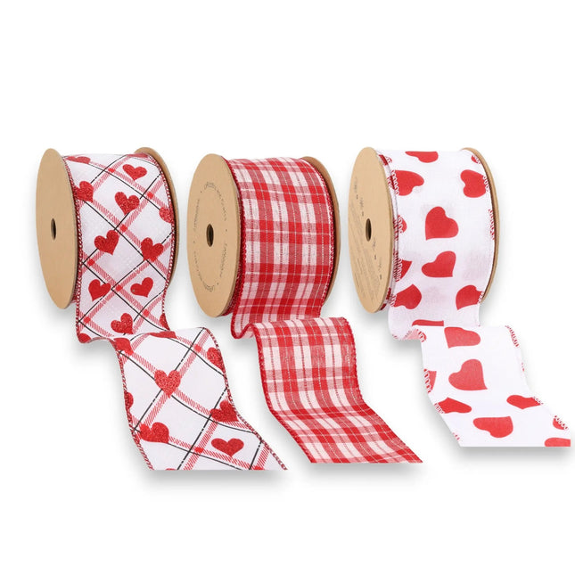 2.5" Glitter Hearts & Plaid Wired Ribbon Bundle - 3 Rolls/30 Yards Total