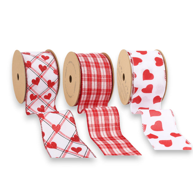 2.5" Glitter Hearts & Plaid Wired Ribbon Bundle - 3 Rolls/30 Yards Total