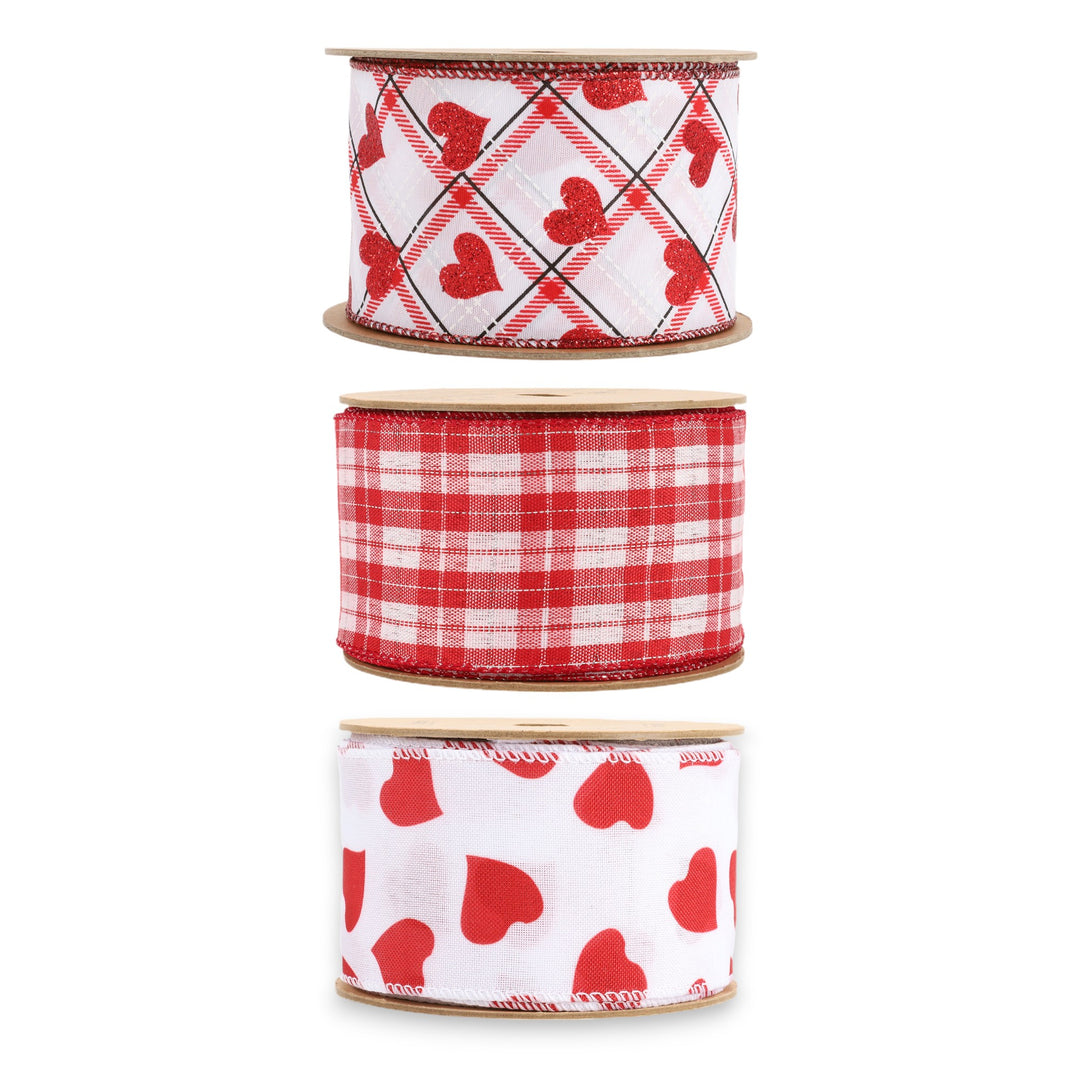 2.5" Glitter Hearts & Plaid Wired Ribbon Bundle - 3 Rolls/30 Yards Total